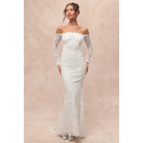 Lulu's Women's Beloved Promise Lace Off-the-Shoulder Mermaid Dress Ivory Size S - Picture 7 of 7